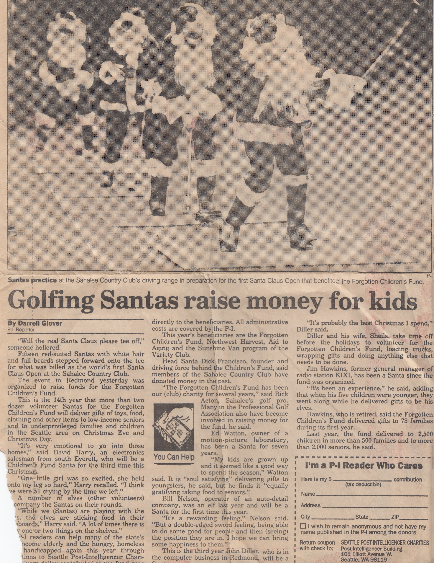 Newspaper clipping: Golfing Santas raise money for kids